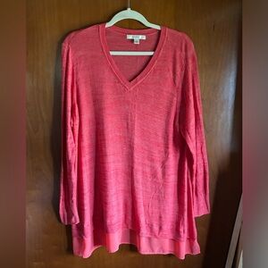 Sejour brand long sleeve lightweight sweater ,V-neck top with sheer ruffle trim